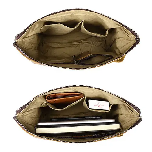 Custom waxed canvas dopp kit showing natural patina aging process and water-resistant paraffin finish